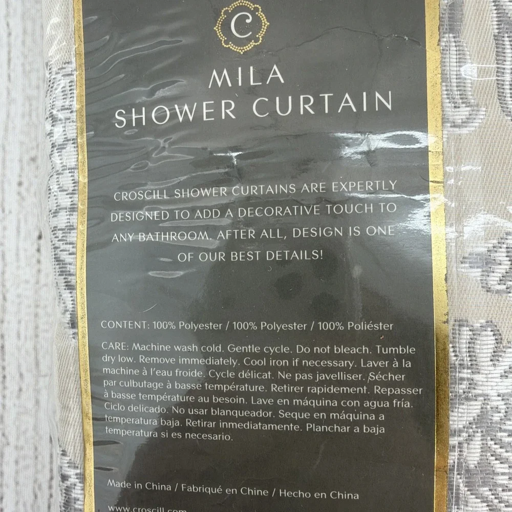 Croscill Shower Curtain Mila Linen Floral Jacquard Beige White Embroidered